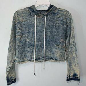 Thrill Jeans Hoodie Cropped Ripped Distressed Streetwear Y2K Stonewashed Size M